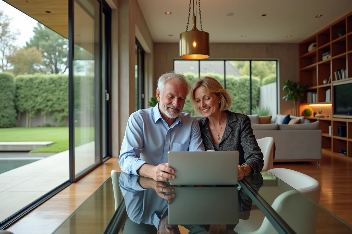 Couple aisé consultant une estimation immobilière haut de gamme sur ordinateur dans une villa contemporaine de luxe