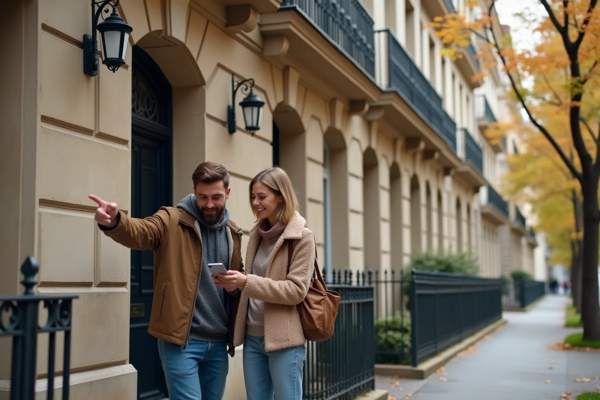 Couple de futurs locataires évaluant un immeuble résidentiel géré par Orpi Invest Immo en milieu urbain
