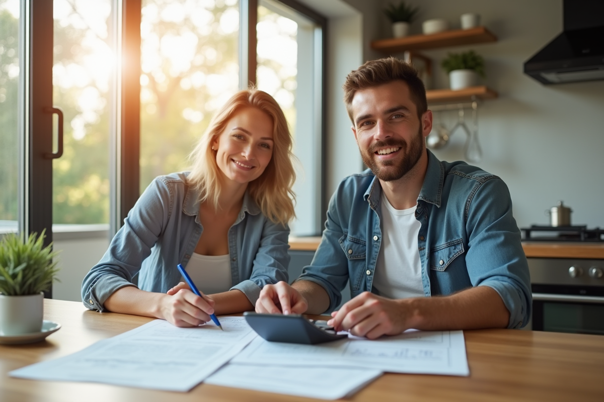 Couple confiant examinant documents financiers dans une cuisine lumineuse