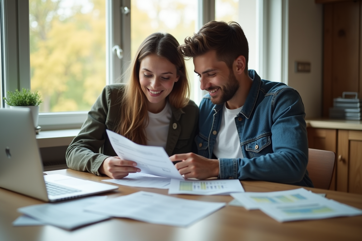 Jeune couple examinant documents financiers à la maison
