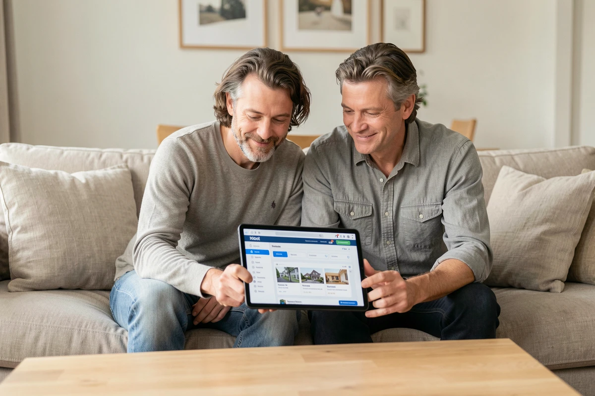 Couple consultant le portail MyFoncia sur une tablette dans leur salon pour gérer leur espace locataire