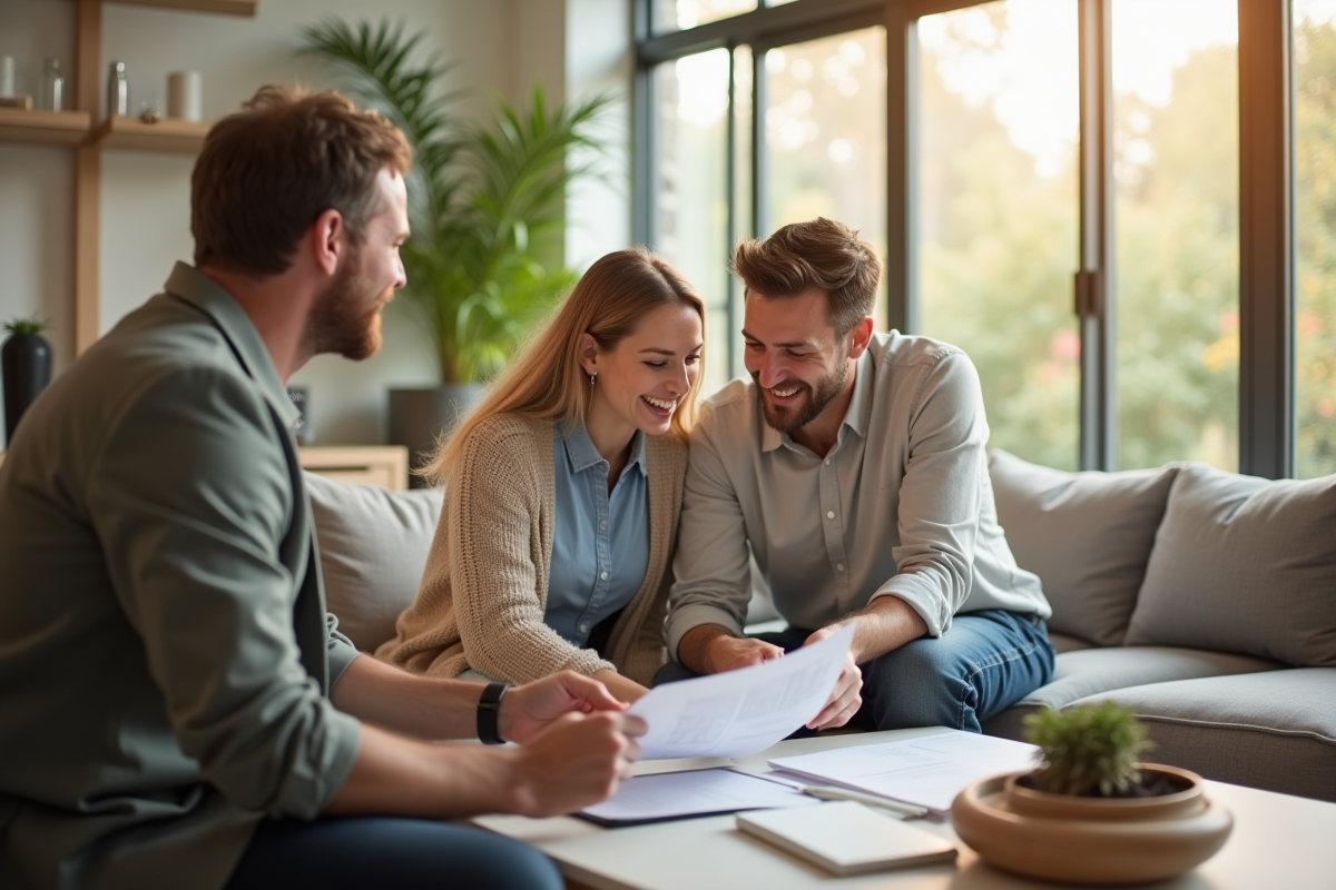 Couple heureux examinant des documents immobiliers dans un salon lumineux