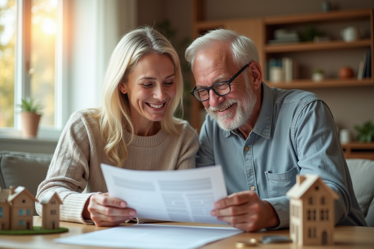 Couple souriant examinant documents immobiliers