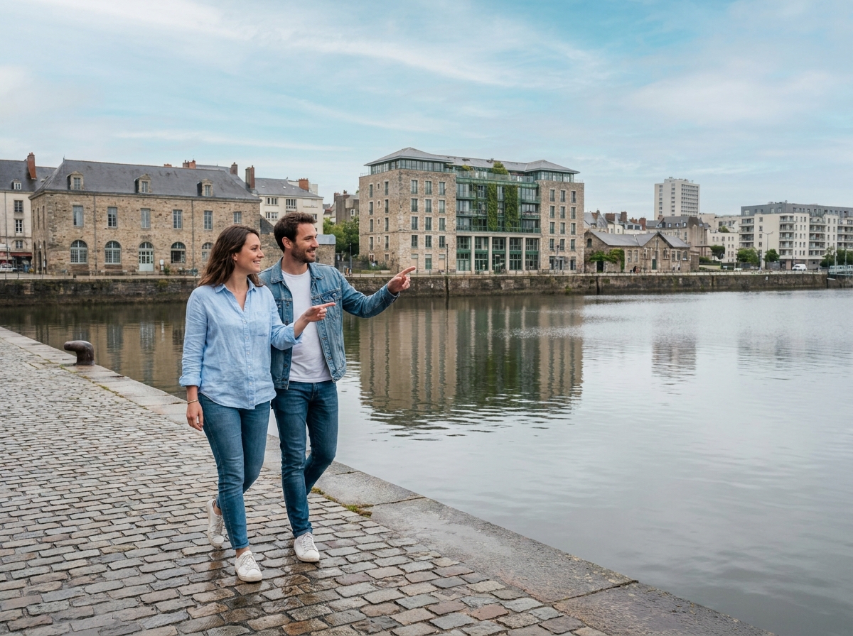 Couple de futurs investisseurs visitant les bords de Loire à Nantes pour un projet d'investissement locatif