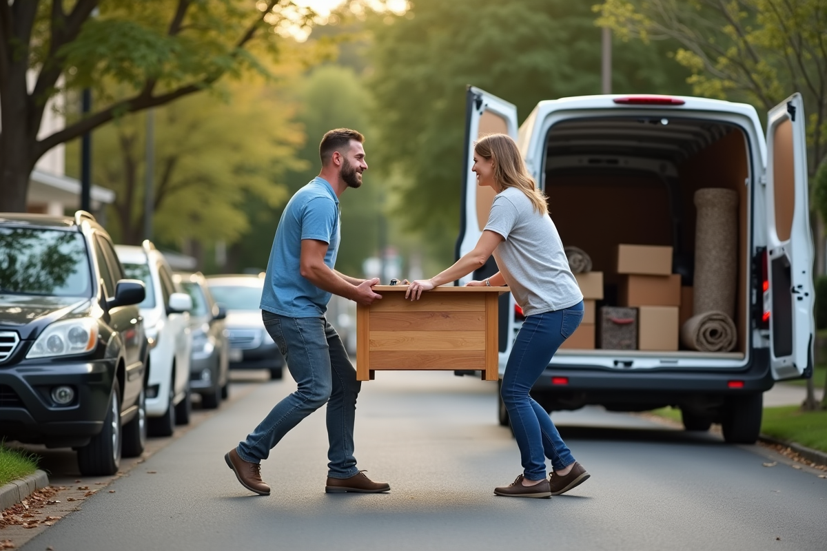 Couple aidant à déplacer une table en bois vers un camion de déménagement