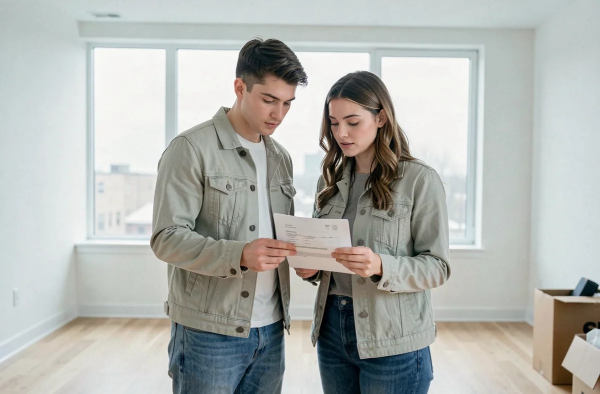 Jeune couple locataire consultant leur contrat dans un appartement vide avant de souscrire une assurance