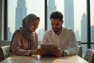 Jeune couple à Dubai consulte des annonces de location