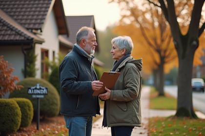 Couple devant une maison à vendre dans un quartier résidentiel