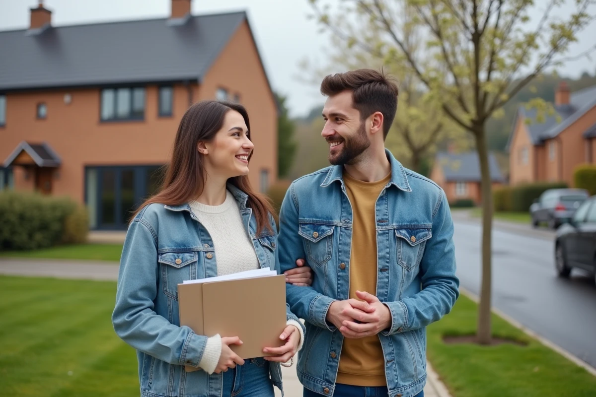 Jeune couple souriant devant une maison moderne neuve