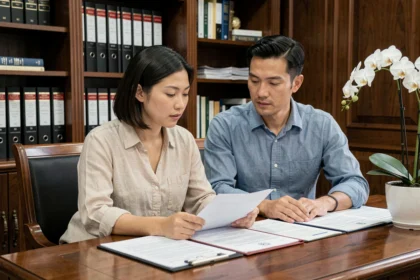 Couple mixte franco-thaïlandais signant des documents immobiliers chez un notaire en Thaïlande