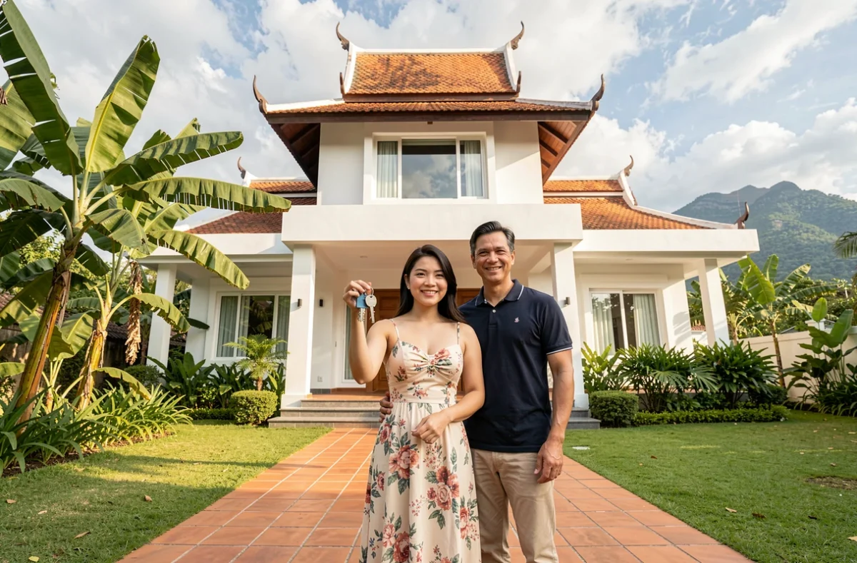 Couple mixte devant leur maison achetée en Thaïlande, femme thaïe tenant les clés de la propriété