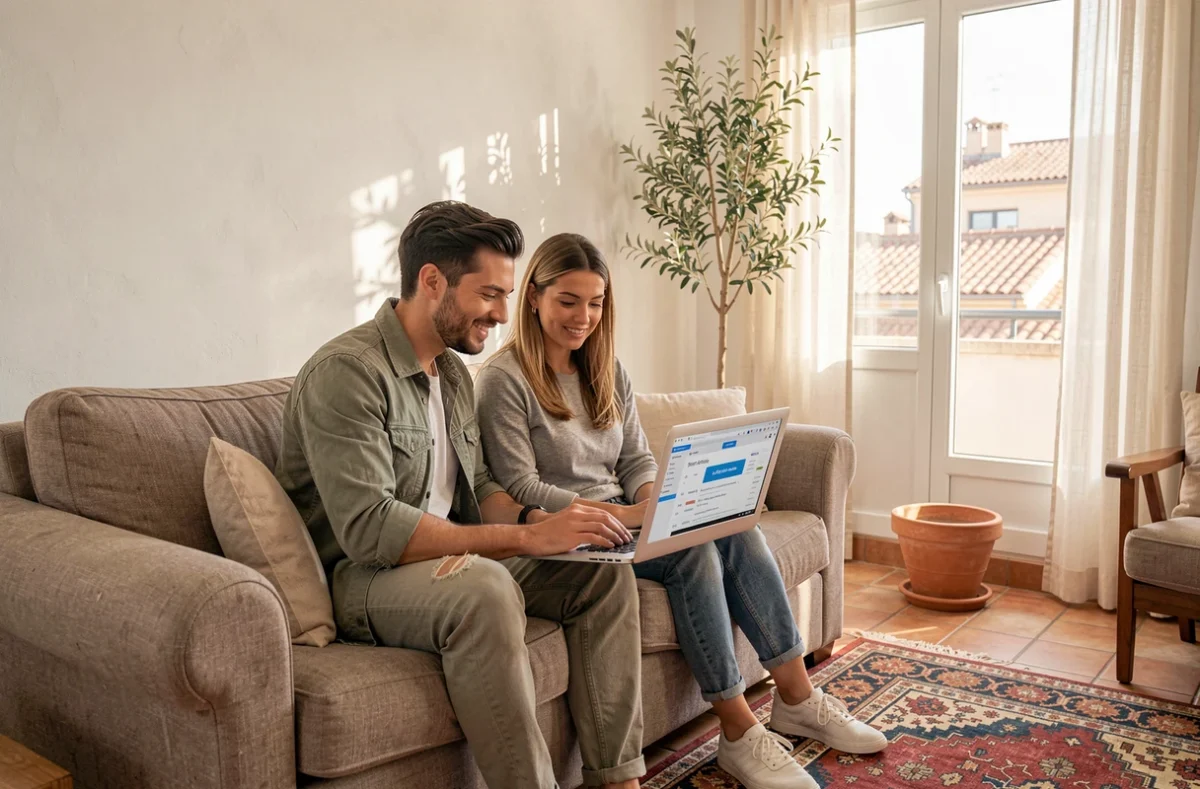 Couple comparant des offres d'assurance habitation sur un ordinateur portable dans un appartement ensoleillé à Montpellier