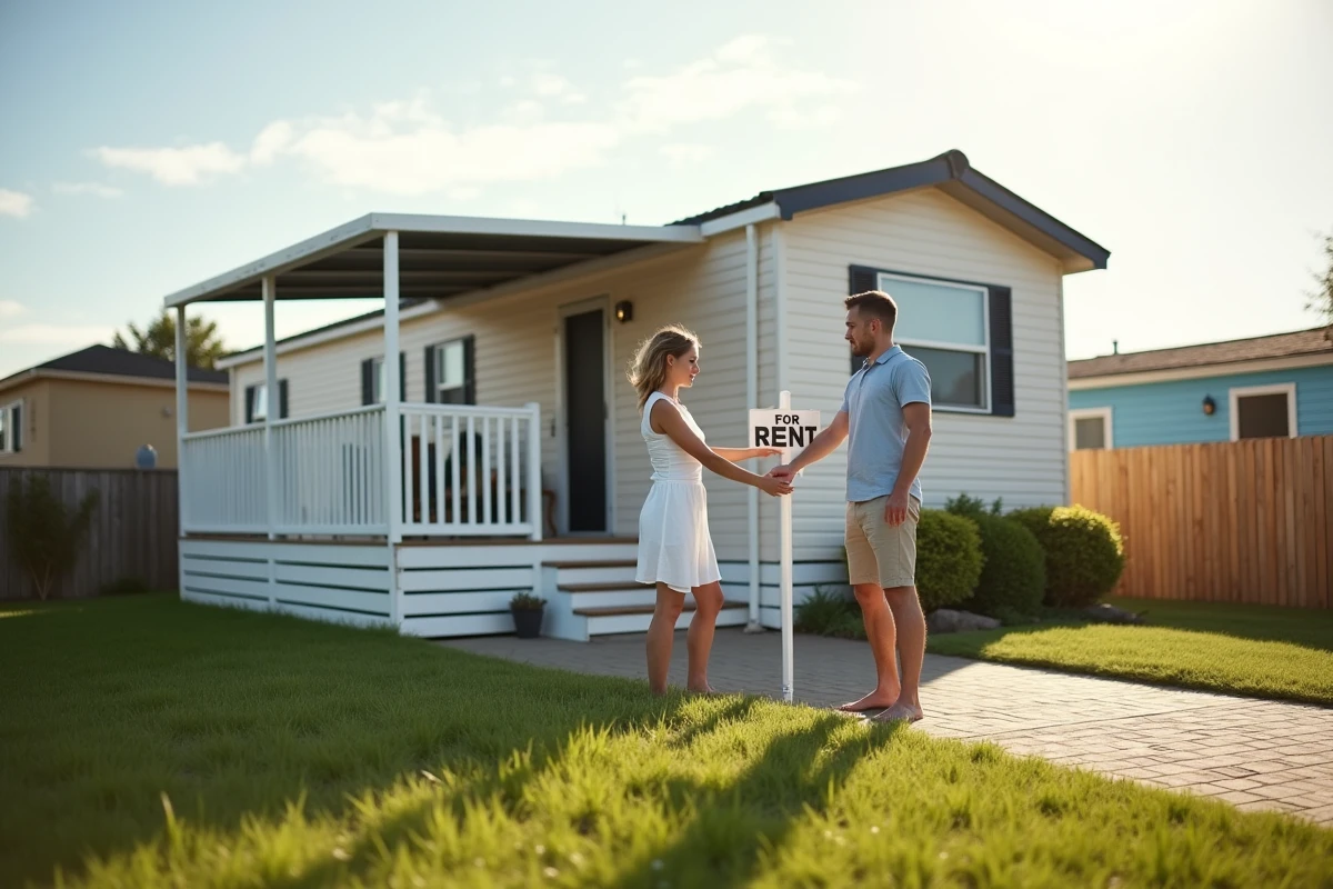 Jeune couple posant un panneau a louer devant une maison mobile
