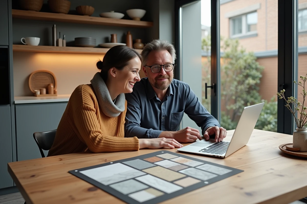 Couple planifiant la décoration de leur cuisine avec une application d'aménagement intérieur et des échantillons de matériaux