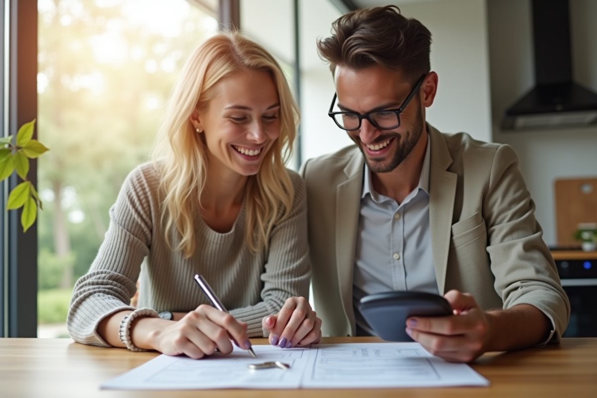 Couple souriant avec clé et calculatrice pour prêt immobilier