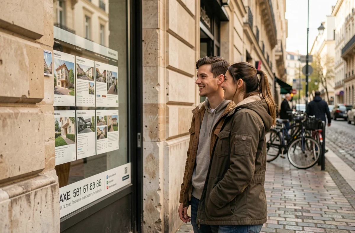 Couple consultant les annonces immobilières en vitrine d'une agence à Lyon pour leur projet d'achat