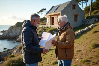 Couple français examine plans de maison en bord de mer