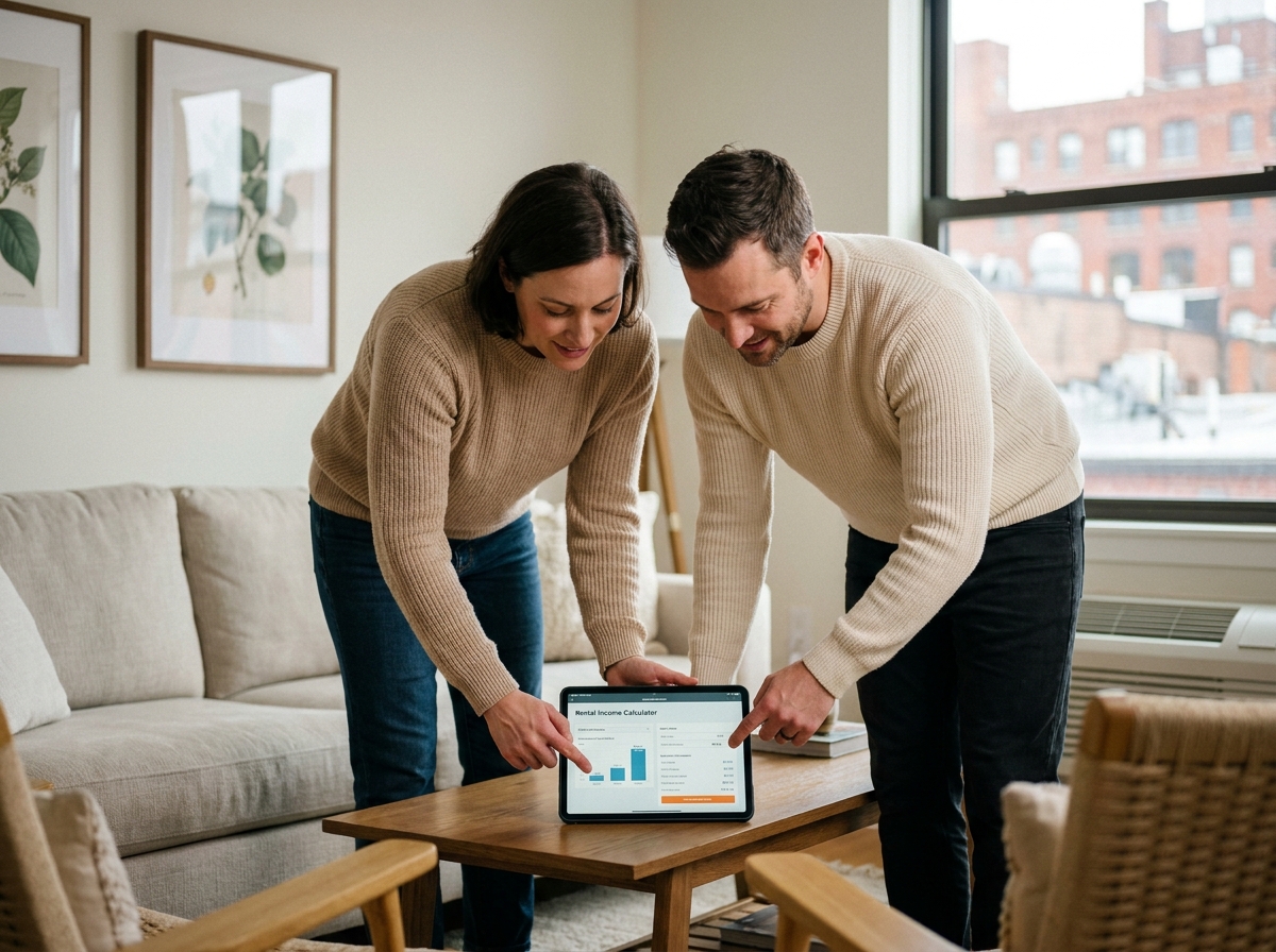 Couple de propriétaires consultant un outil de calcul fiscal sur tablette dans leur appartement meublé en location