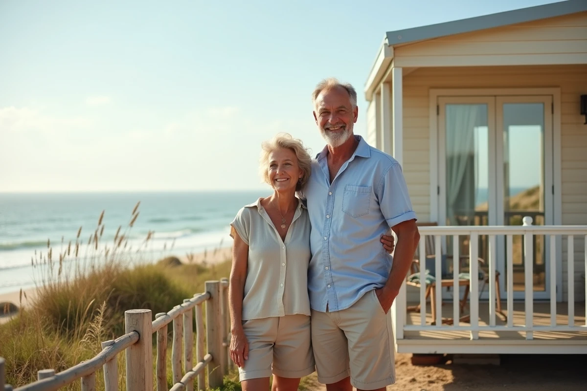 Couple de propriétaires devant leur mobil-home sur une parcelle de terrain en bord de mer symbolisant un investissement côtier