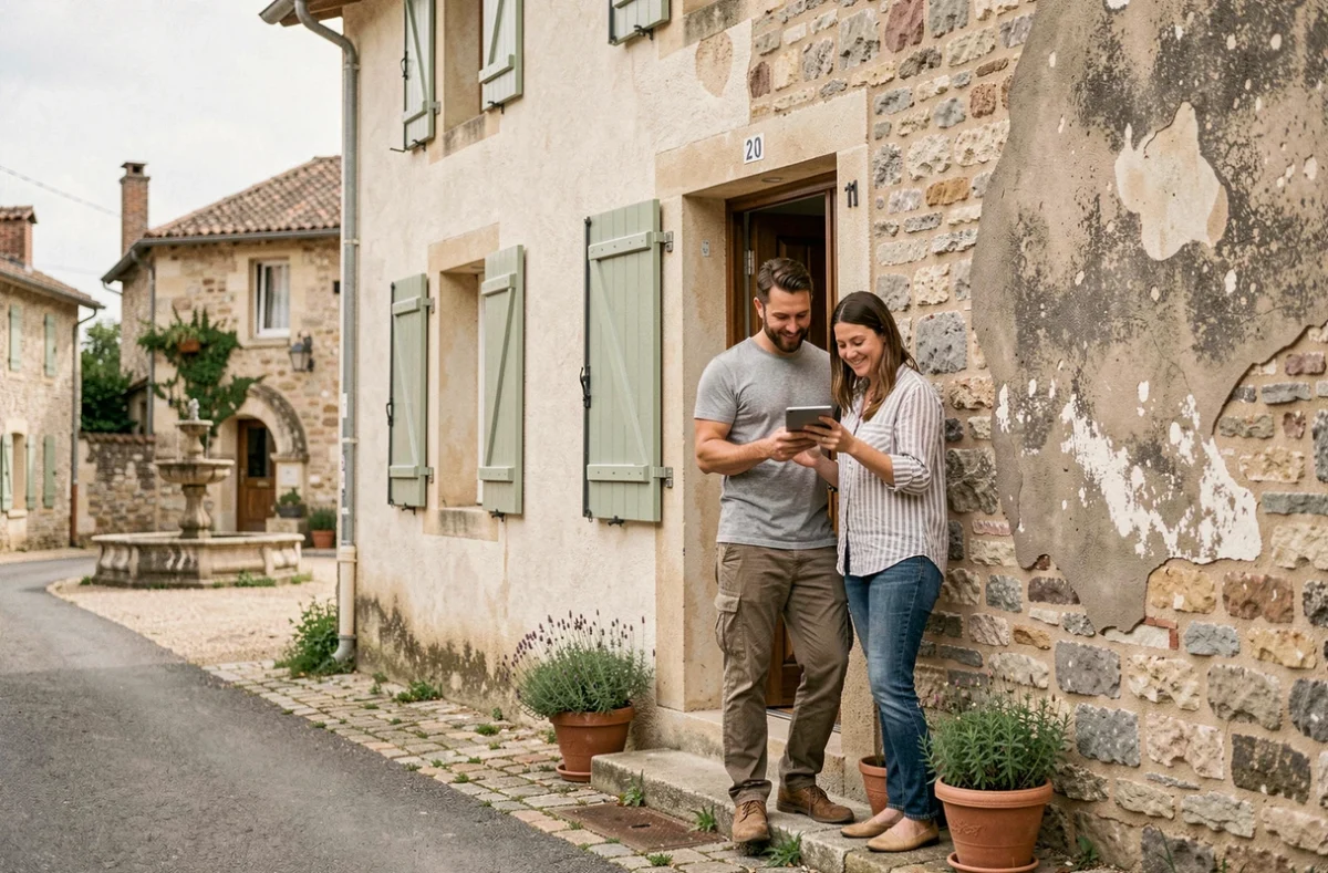 Couple souriant devant une maison de village en cours de rénovation montrant le contraste entre façade restaurée et pierre brute