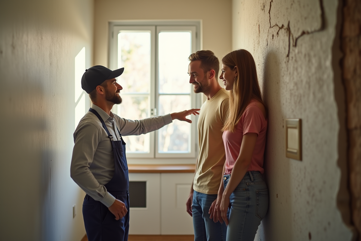 Couple souriant examinant un mur endommagé de la cuisine