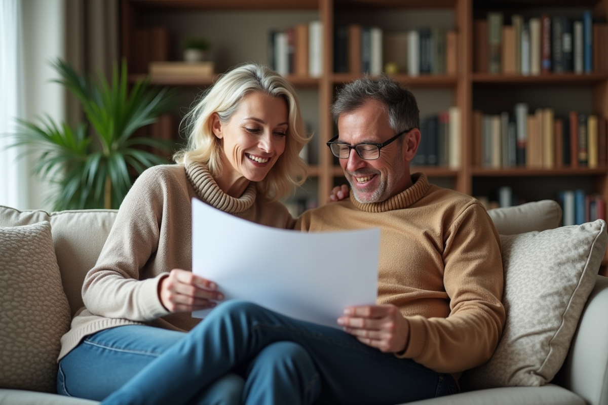 Couple à la maison revoyant un document financier ensemble