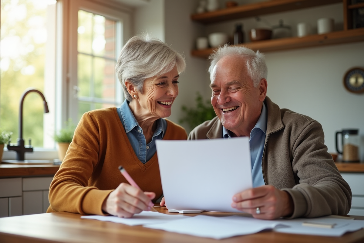 Couple senior souriant discutant impots dans la cuisine