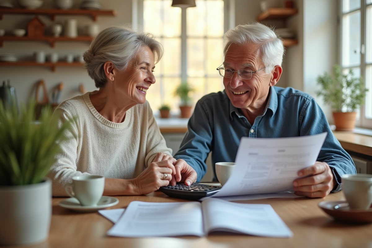 Couple senior souriant avec documents fiscaux à la maison