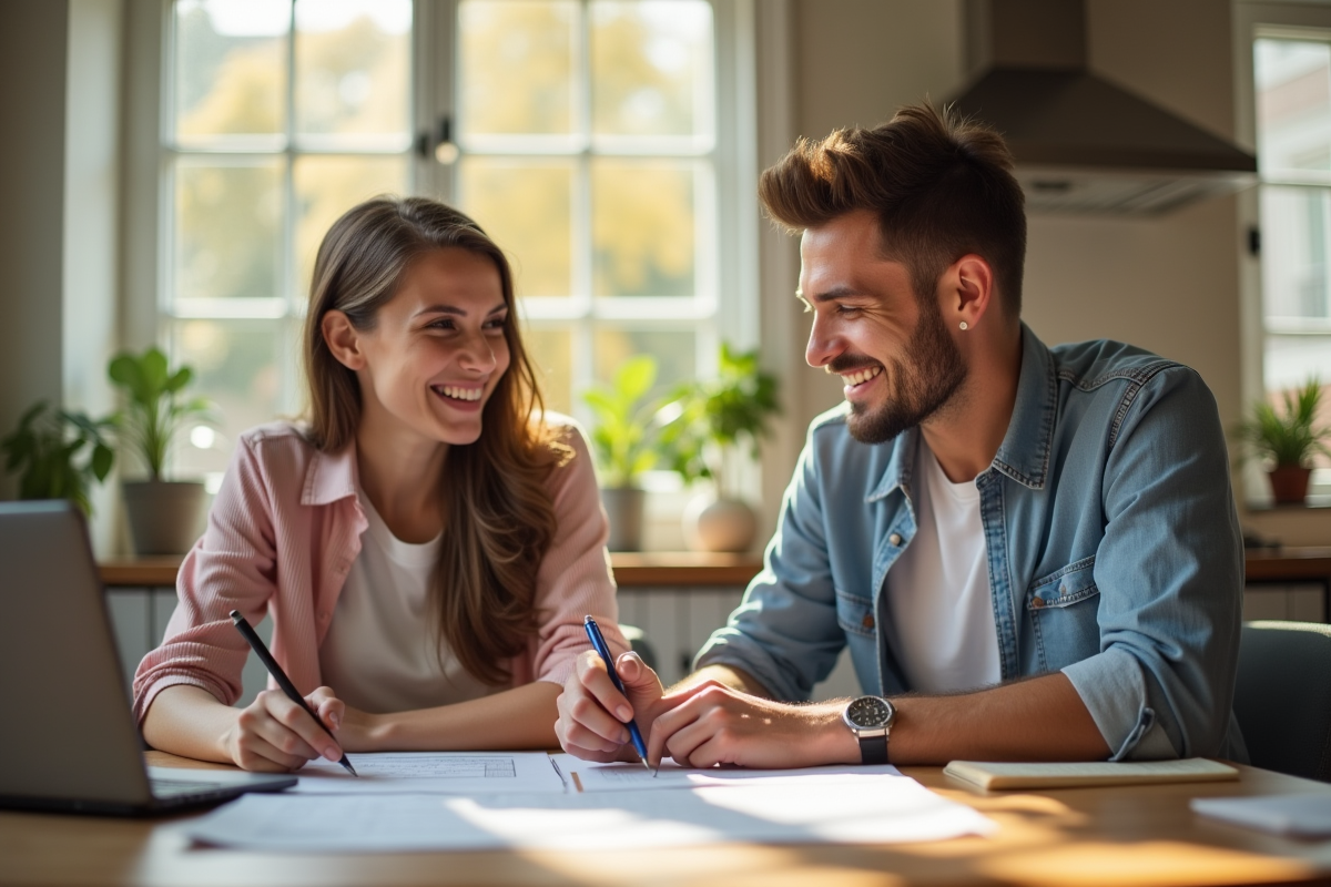 Jeune couple concentré à la maison pour leur projet financier