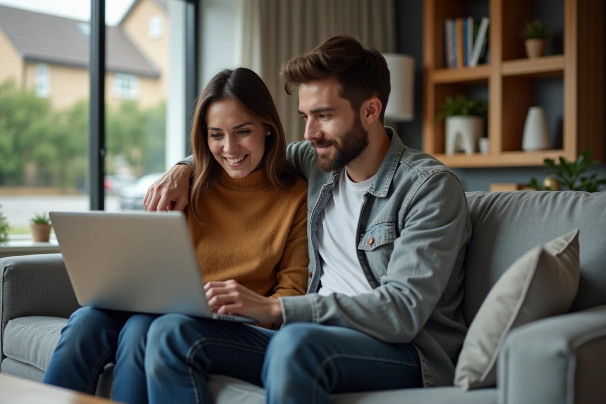 Couple vérifiant l'estimation immobilière de leur bien sur un ordinateur portable à la maison