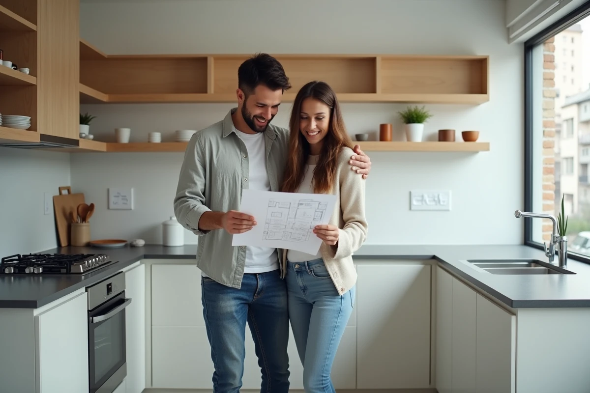 Couple visitant une location non meublée avec cuisine équipée et étudiant le bail