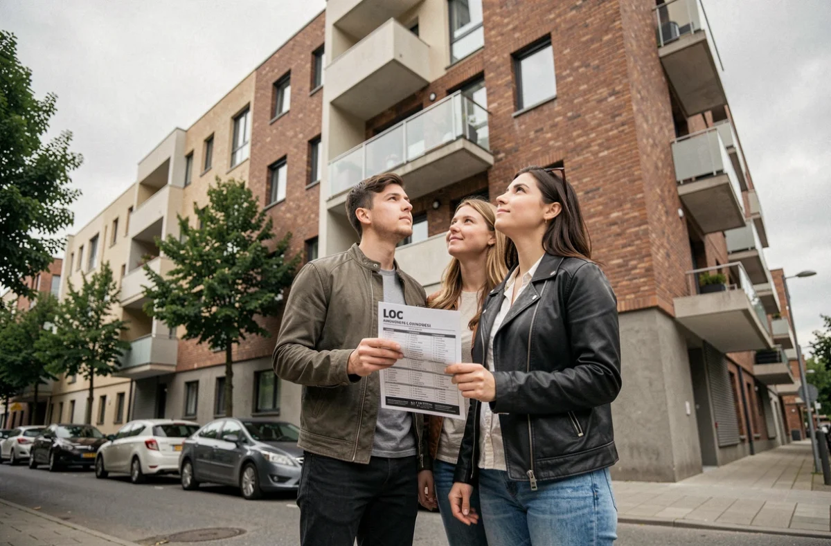 Couple de jeunes adultes devant un immeuble de logement social avec une annonce LOC