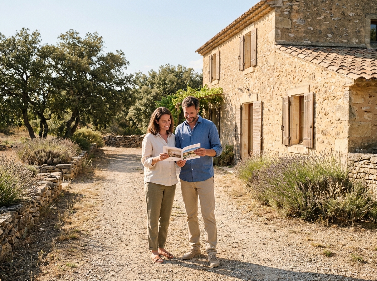 Couple visitant une maison en pierre traditionnelle dans la garrigue près de Saint-Martin-de-Londres lors d'un projet immobilier