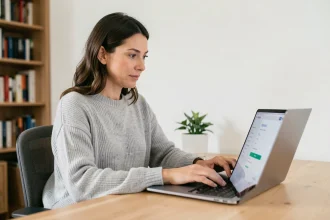 Femme créant un compte en ligne MyFoncia sur un ordinateur portable dans un bureau à domicile moderne