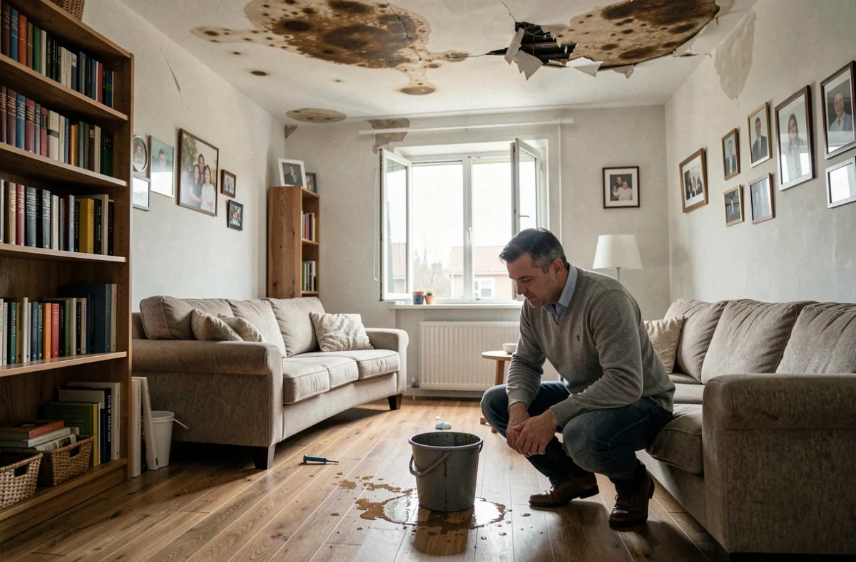 Dégât des eaux dans un appartement avec homme inspectant les dommages au plafond