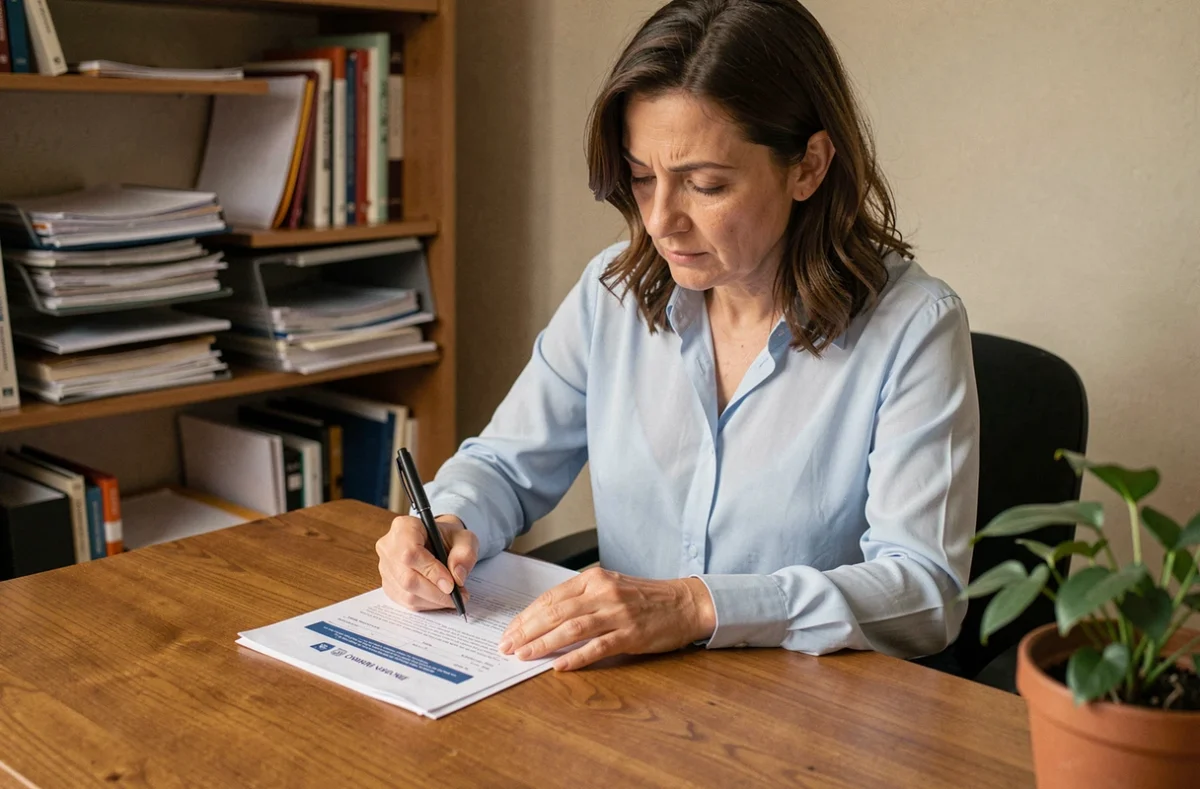 Femme remplissant un dossier de demande de logement social à son bureau à domicile