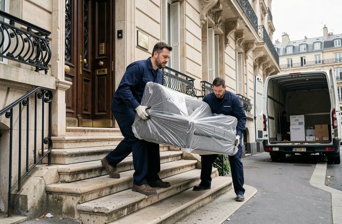 Déménageurs professionnels portant un canapé emballé devant un immeuble haussmannien à Paris