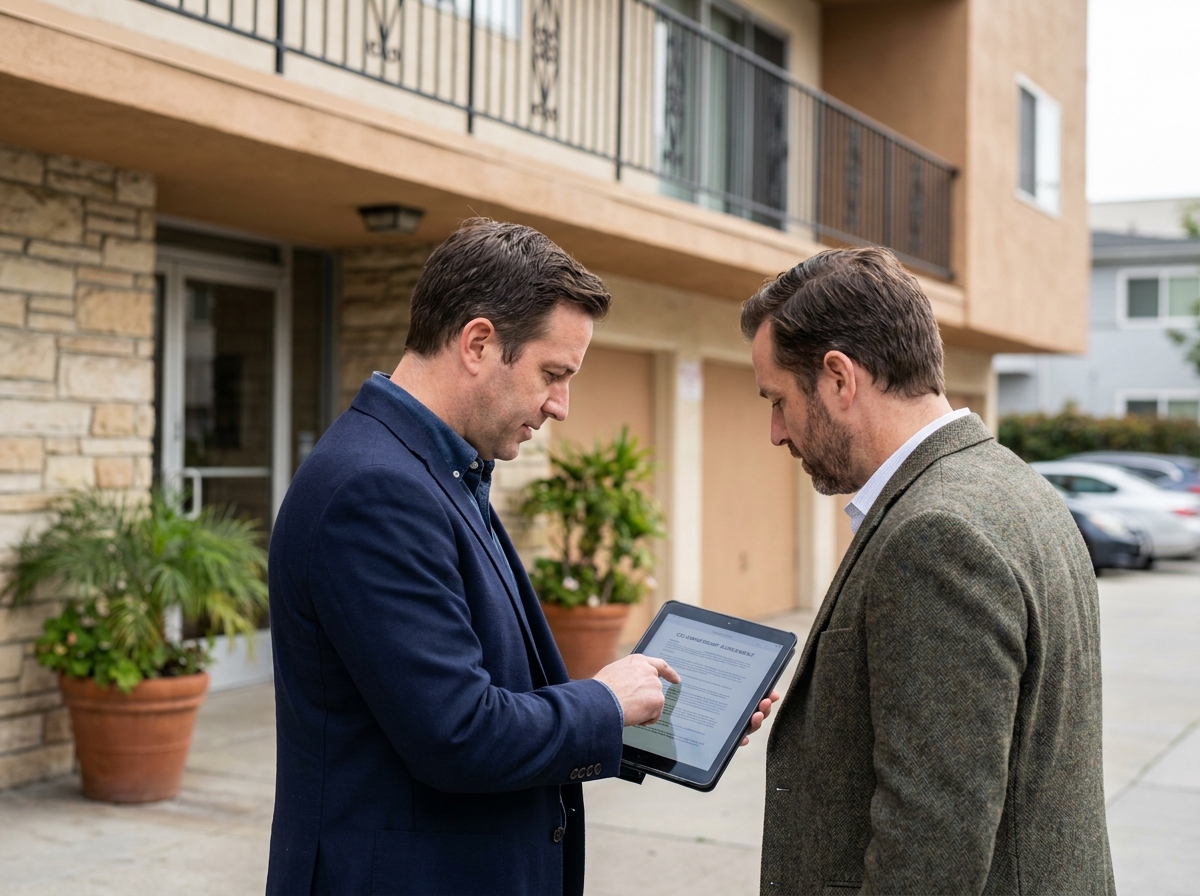 Deux copropriétaires en indivision consultant un document de gestion immobilière devant leur immeuble