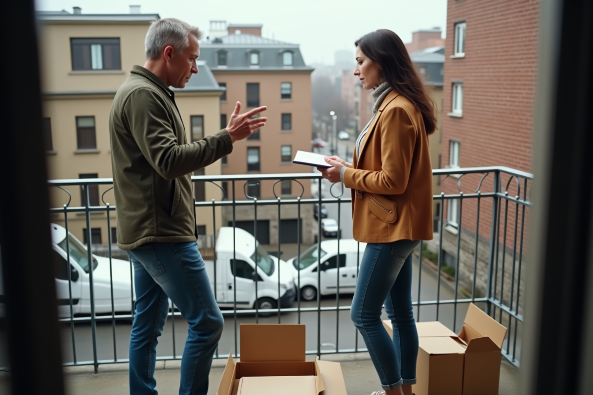 Couple parlant au balcon avec cartons de demenagement