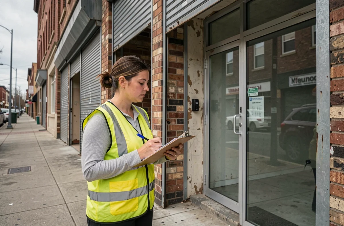 Inspectrice réalisant un diagnostic technique sur la façade d'un local commercial avant signature de bail