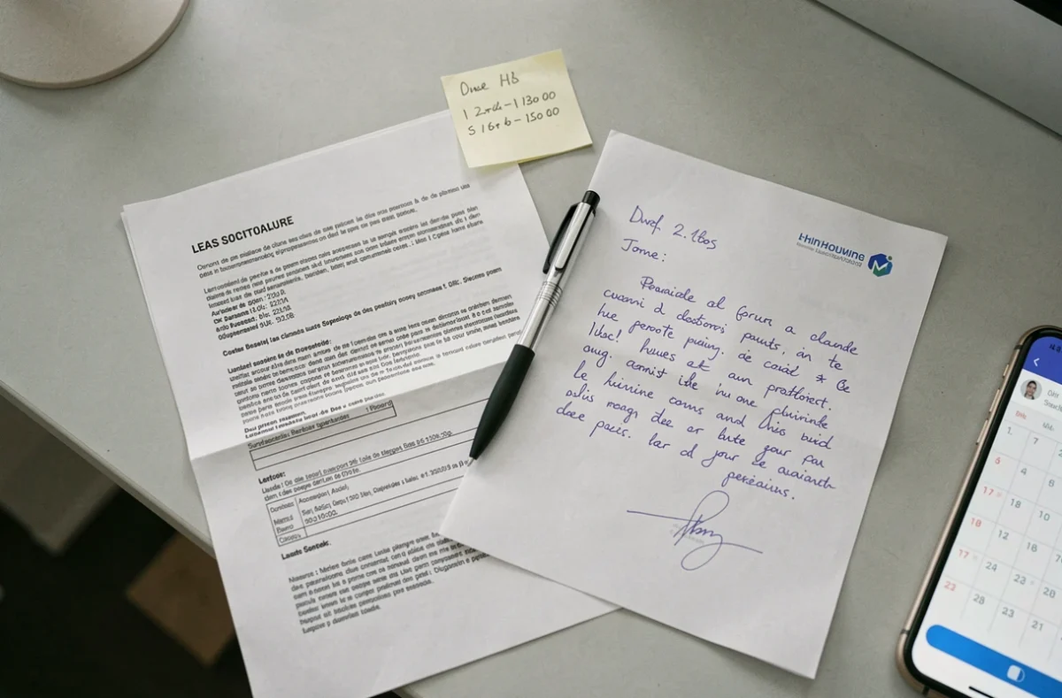 Documents de résiliation de bail HLM posés sur un bureau avec lettre de préavis et calendrier