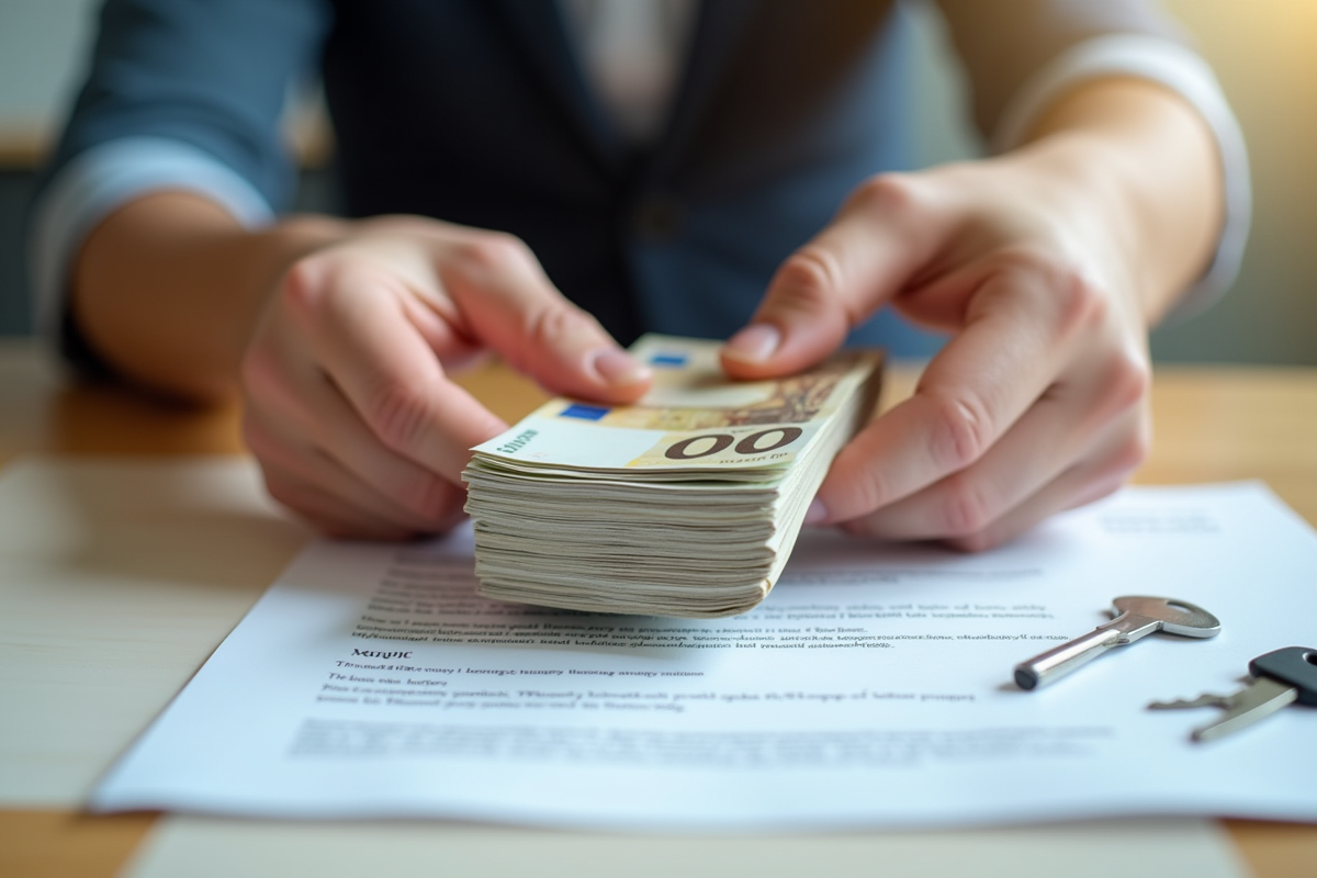 Main échangeant billets et clés de maison sur contrat