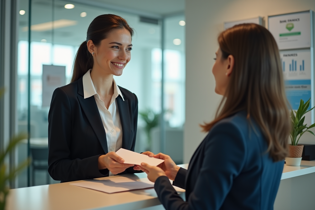 Banquière remettant un enveloppe à une cliente dans une agence bancaire