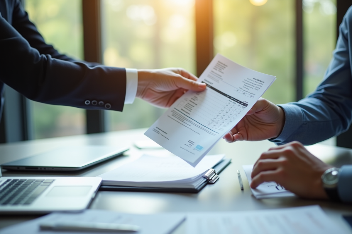 Échange de facture entre deux personnes dans un bureau moderne