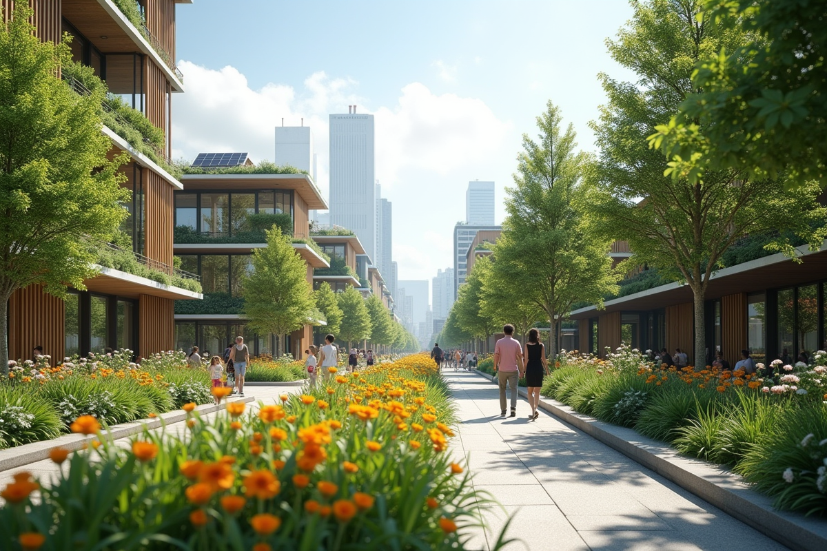 District écologique moderne avec toits verts et panneaux solaires