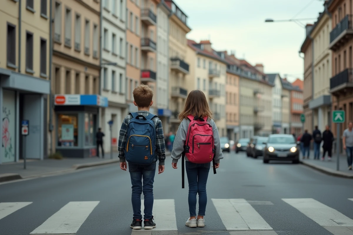 Enfants scolarisés traversant une rue d'un quartier populaire de Chambéry