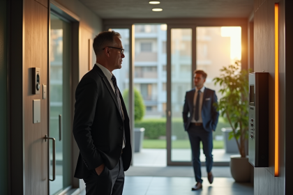 Entrée d un immeuble moderne avec agent de sécurité et contrôle d accès