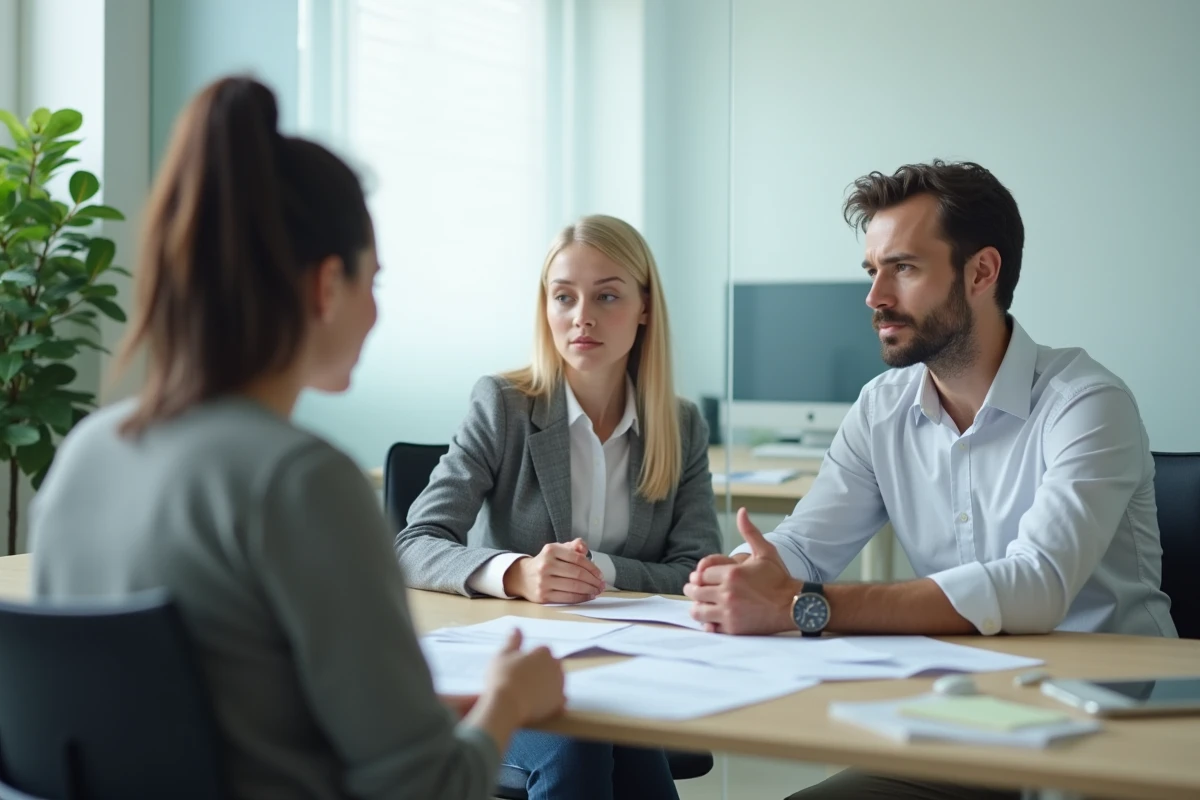 Couple en entretien avec un conseiller logement dans un bureau administratif pour une demande de logement sans garant