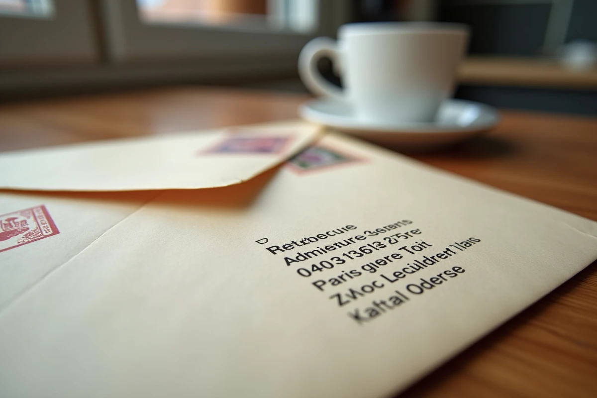 Enveloppe administrative française avec adresse expéditeur parisienne sur une table en bois, courrier officiel