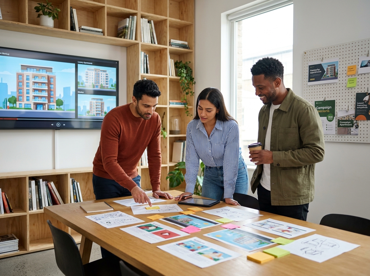 Équipe marketing collaborant sur une stratégie vidéo motion design immobilier autour d'une table de réunion créative